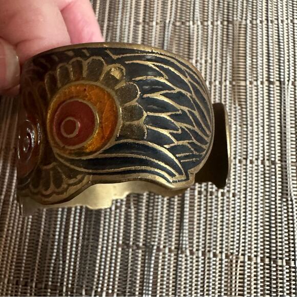 Vintage Brass Owl Cuff Bracelet Enamel India * flaws 60s 70s 80s - Picture 12 of 12